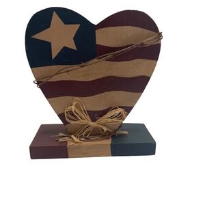 Vintage 1999 MSI Americana Wooden Heart Flag Decor Rustic Primitive Farmhouse